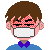 Pixel art of a character with brown hair, red checkered eyes, and a white mask-like shape over the mouth, wearing a blue shirt and purple bow tie, with Japanese text next to the right version.