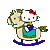 Hello Kitty rides a beige rocking horse with a teal saddle, red bow on head, and blue base, shown in multiple sequential poses.