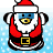Pixelated Santa Claus figure in red suit with white trim, black belt and yellow buckle, blue face, yellow mouth, white beard, and red hat with white brim against light blue snowflake background.