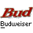 A static contact sheet showing two frames of a Budweiser-themed AIM buddy icon with pixelated text and logo elements on a gray background.