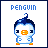 Pixel art penguin icon with blue and white body, orange beak and feet, dark blue head crest, and 'PENGUIN' text above.