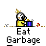 A 4-frame animated contact sheet showing a pixel art character with a crown eating from a blue container, displayed on a gray background.