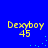 Yellow pixelated text 'Dexyboy' and number '45' on solid blue background with scattered cyan dots.