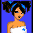 Pixel art character with dark hair in blue-banded pigtails, white strapless top with blue star, black shorts with blue belt, and white boots on solid blue background.