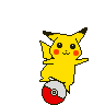 Yellow cartoon character with black-tipped ears, red cheek circles, and a white-tipped tail balances on a red-and-white spherical object against a gray background.