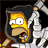 Pixelated cartoon character with yellow skin and black hair holding a large silver axe, next to green text reading "Original Icons .com" on dark background.