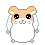 Pixelated hamster character with orange-brown head, white body, black eyes, pink cheeks, and light blue jump rope in six sequential poses.