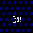 Pixelated blue circular patterns on black background with four white 'bt!' text elements in different positions.