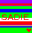Static pixel art icon with horizontal stripes of purple, red, green, blue, white, and yellow; bold red text 'SADIE' on a white stripe; small red heart in bottom-right corner.
