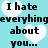 Pixelated text on a light blue background with white heart shapes, displaying phrases about hate and love.