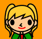 Two side-by-side pixel art depictions of a blonde girl with pigtails, green top, and red tie against an orange background; left shows open eyes, right shows closed eyes.