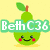 Green pixelated apple with leaf, smiling face, red cheeks, and text 'BethC36' on yellow background.