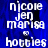Blue background with white pixelated text reading 'nicole jen marisa to hotties' repeated twice in a