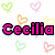 Pixelated icon with "Cecilia" text and colorful heart outlines on white background, one solid pink heart in corner.