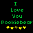 Green pixelated text "I Love You Pookiebear" on black background with yellow and brown star-like symbols below.