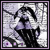 A pixelated image of a person with long dark hair covering their face, wearing a purple top and black pants against a patterned background.