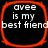 Four identical square with red borders display white text on black backgrounds, each reading 'avee is my best friend' in a pixelated font