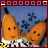 Two orange cartoon characters in striped shirts stand against a blue background with black snowflake patterns, their poses shifting across frames.