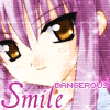 Anime-style character with purple hair and brown eyes, smiling, with 'Smile' and 'DANGEROUS' text overlaid on a pink background.