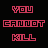 Pixelated red text on black background displays changing phrases including "YOU CANNOT KILL" and "WHAT YOU DID NOT CREATE", with one instance of white text.