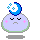 Pixelated character with light purple body, closed eyes, pink cheeks, and blue crescent moon with yellow stars on head; two versions show open mouth and light bulb props.