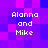 Pixelated text 'Alanna and Mike' appears in four identical quadrants on a purple-pink gradient background with blue accents.