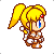 Pixel art contact sheet showing six sequential frames of a blonde female character in brown and white armor running with blue eyes, red forehead gem, and yellow pigtails against gray background.