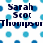 Pixelated text 'Sarah Scot Thompson' in dark blue on white background with scattered light blue dots.