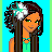 Pixel art contact sheet showing a character's full body with text "i love life!" in neon style, arranged across three columns on a blue background.