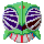 Four identical pixelated icons arranged in a , each depicting a symmetrical green and purple plant-like creature with red accents on gray background