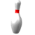 Six white bowling pins with red bands rotate clockwise in two against a plain background, each pin showing distinct angles of its curved body and neck