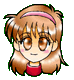 Two side-by-side pixel art depictions of a character with brown hair, pink headband, red top, and blush cheeks showing different facial expressions.