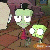 Green-skinned cartoon character with black top hat and red shirt stands beside smaller green figure on brown ground, eyes shift from half-closed to wide open.