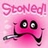 Pixelated pink buddy icon with "Stoned!" text above a cartoon character holding a smoking pipe against a solid pink background.