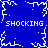 Blue background with white pixelated lightning bolts and repeated 'SHOCKING' text in pixelated font.
