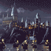 Animated sequence showing Hogwarts castle transitioning to a shield emblem with 'H' and house colors, then back to the castle.
