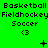 Green background displays repeated sports-themed text and symbols with animated changes across three of Basketball, Fieldhockey, Soccer labels