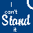 Blue background with pixelated text reading "I can't Stand it" in white and pink, featuring a curved white shape above the left side.