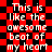 Red and black checkered background with repeated white text reading "This is like the awesome beat of my heart" in pixelated font.