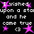 Pixelated text and symbols on black background with pink stars, hearts, and repeated phrases.