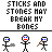 Animated contact sheet of 11 stick figure frames showing progression from stone-throwing to heartbreak with text "STICKS AND STONES MAY BREAK MY BONES BUT ONLY YOU CAN BREAK MY HEART".