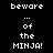 Pixelated text displays 'beware ... of the MINJA!' with red highlight bars shifting across words in a