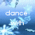 Blue background with white snowflakes and text reading 'dance me in the snow' across four