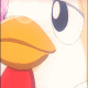 Animated sequence of a cartoon character with blue hair and yellow beak-like head covering in red clothing, showing facial expression changes.