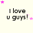 identical text-based icons with 'I love u guys!' in black pixelated font on a light background, each surrounded by pink and white stars