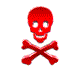 Red skull and crossbones icon in multiple animation states showing rotation, scaling, and perspective shifts against gray background.