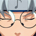 Animated sequence of a silver-haired anime character with glasses performing various actions including eye movements, weapon handling, and pose changes against a blue sky background.