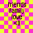 four identical pixelated icons on a pink and yellow checkered background, each displaying text and a heart symbol