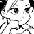 Pixelated grayscale face with wide eyes, thin eyebrows, and a small mouth on white background.