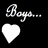 Black background with white text and heart symbols arranged in a -like layout, featuring phrases like 'Boys... So stooopid...' and 'But soooo cute!' alongside repeated exclamation marks